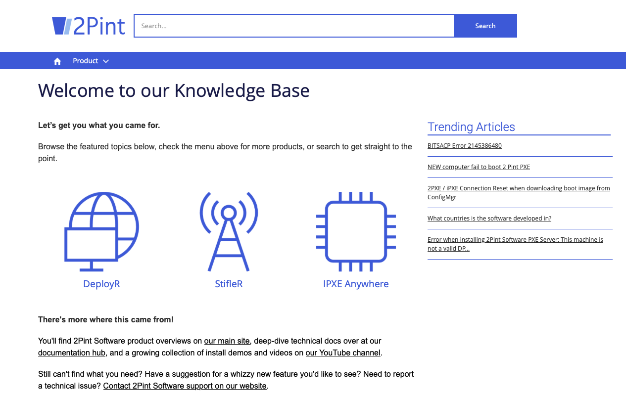 Screen capture of the 2Pint Software knowledge base
